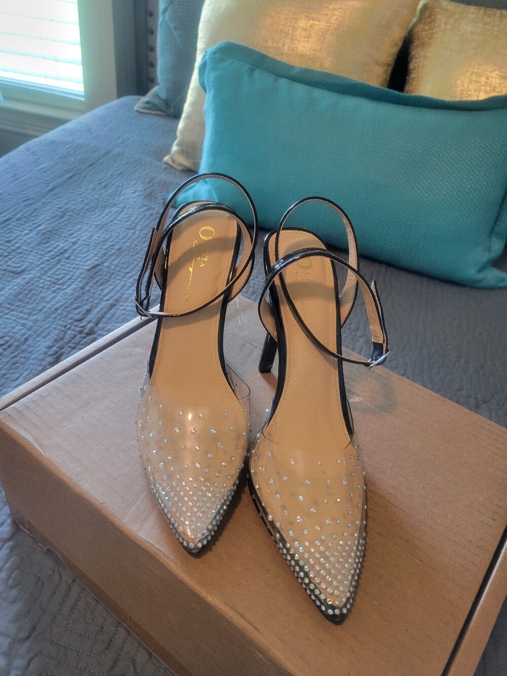 Clear Nude Pointed Slingback Heels with Crystal Accents